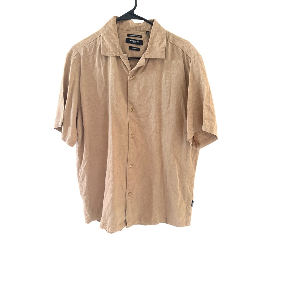 Kenneth Cole New‎ York Mens Slim Fit Short Sleeve Button Down Shirt Tan Large